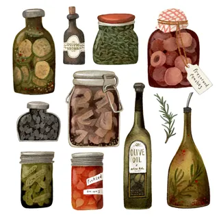 Jars and bottles of pickles, preserves, and olive oil
