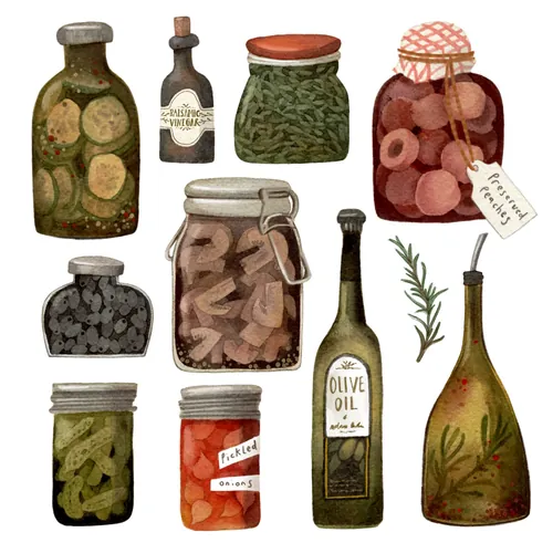 Jars and bottles of pickles, preserves, and olive oil