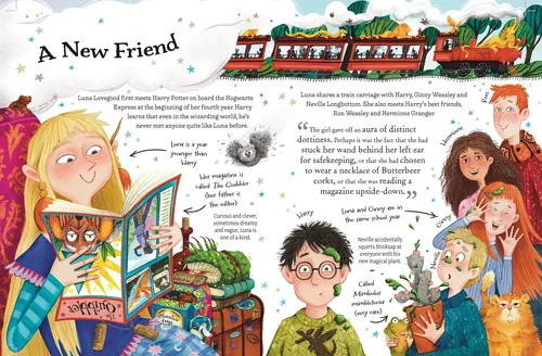 Harry Potter and friends with magical creatures on Hogwarts Express by Helen Brady