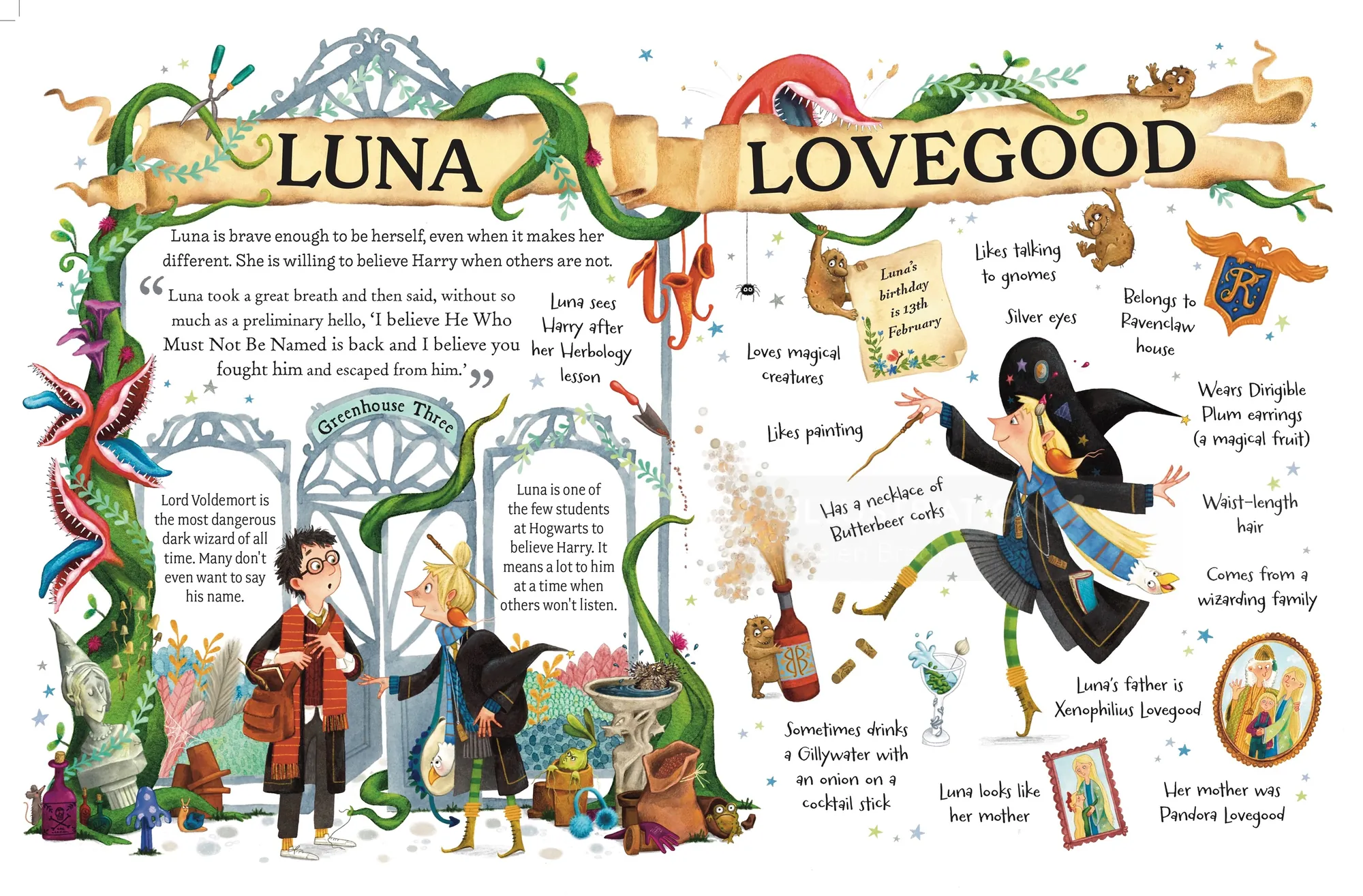 Biografía ilustrada de Luna Lovegood por Helen Brady con rasgos y escenas clave.