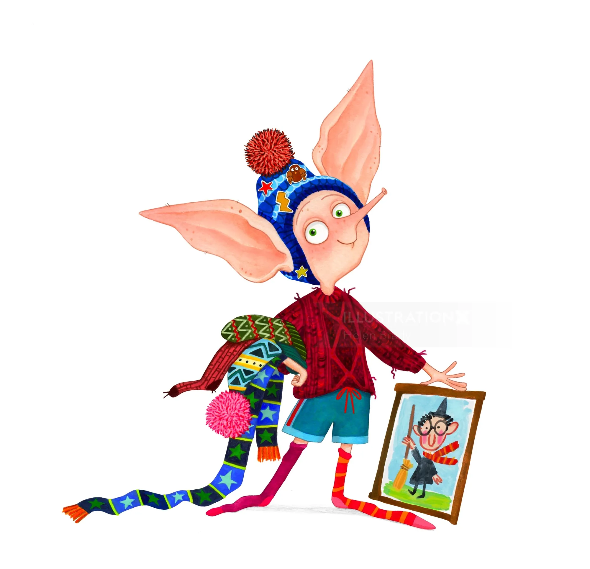 Whimsical elf with large ears and colorful clothes holding framed picture by Helen Brady