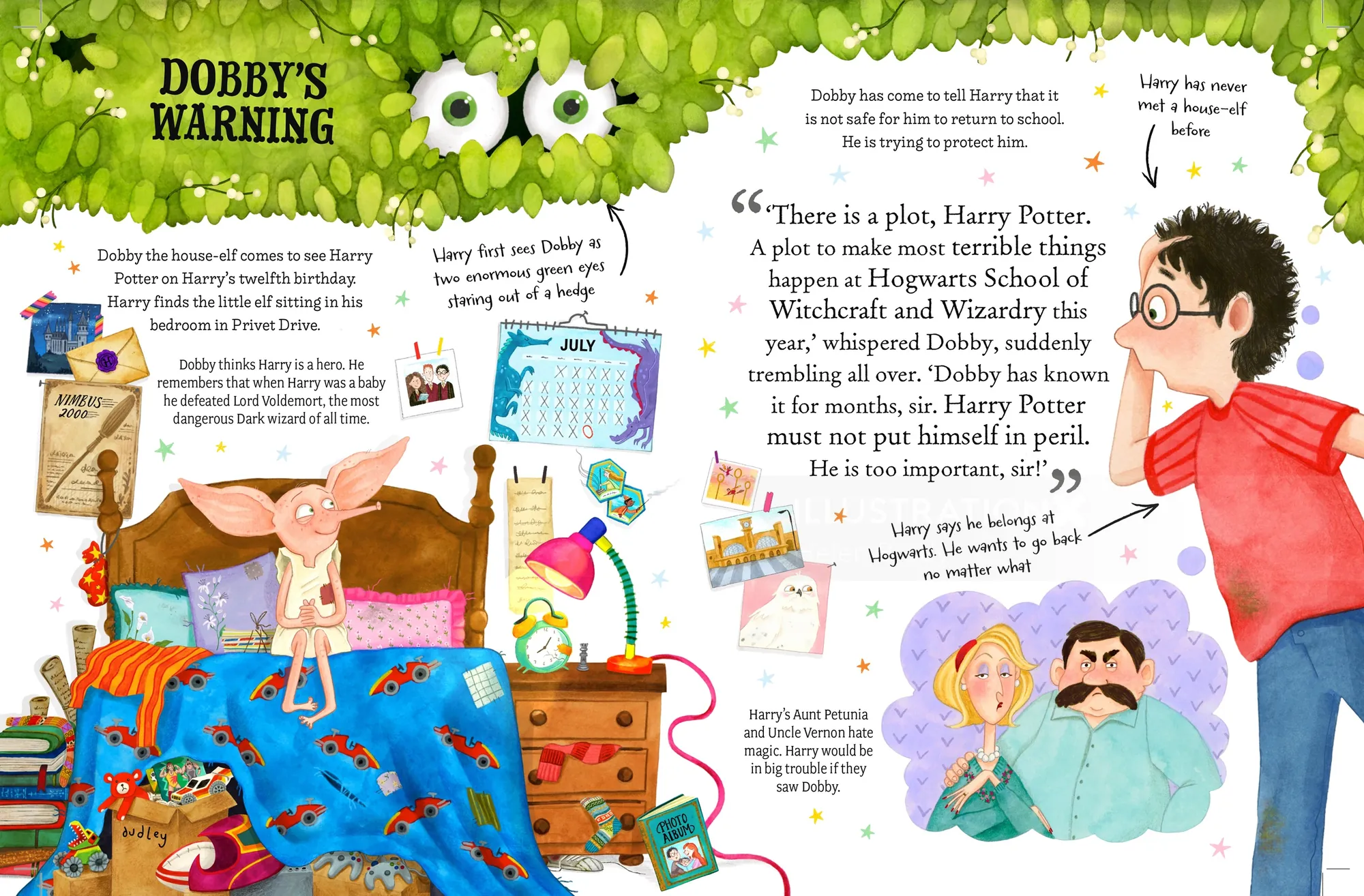Children's book illustration featuring children in bed and Dobby's warning by Helen Brady