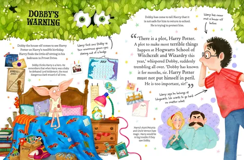 Children's book illustration featuring children in bed and Dobby's warning by Helen Brady