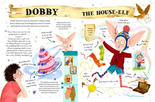 Dobby the house-elf wearing a hat and scarf in a colorful illustrated scene by Helen Brady