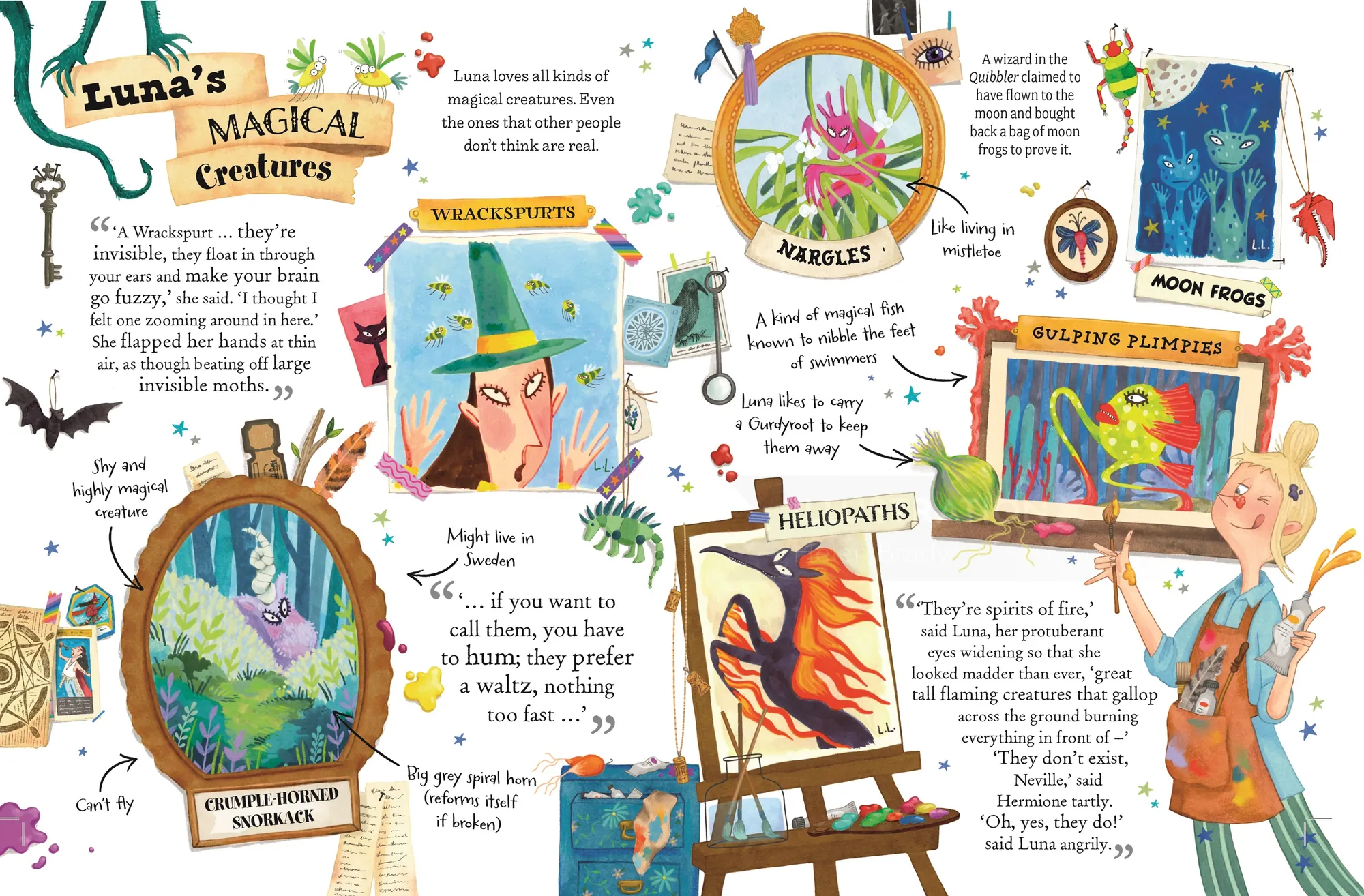 Illustrated guide showing magical creatures with colorful drawings by Helen Brady