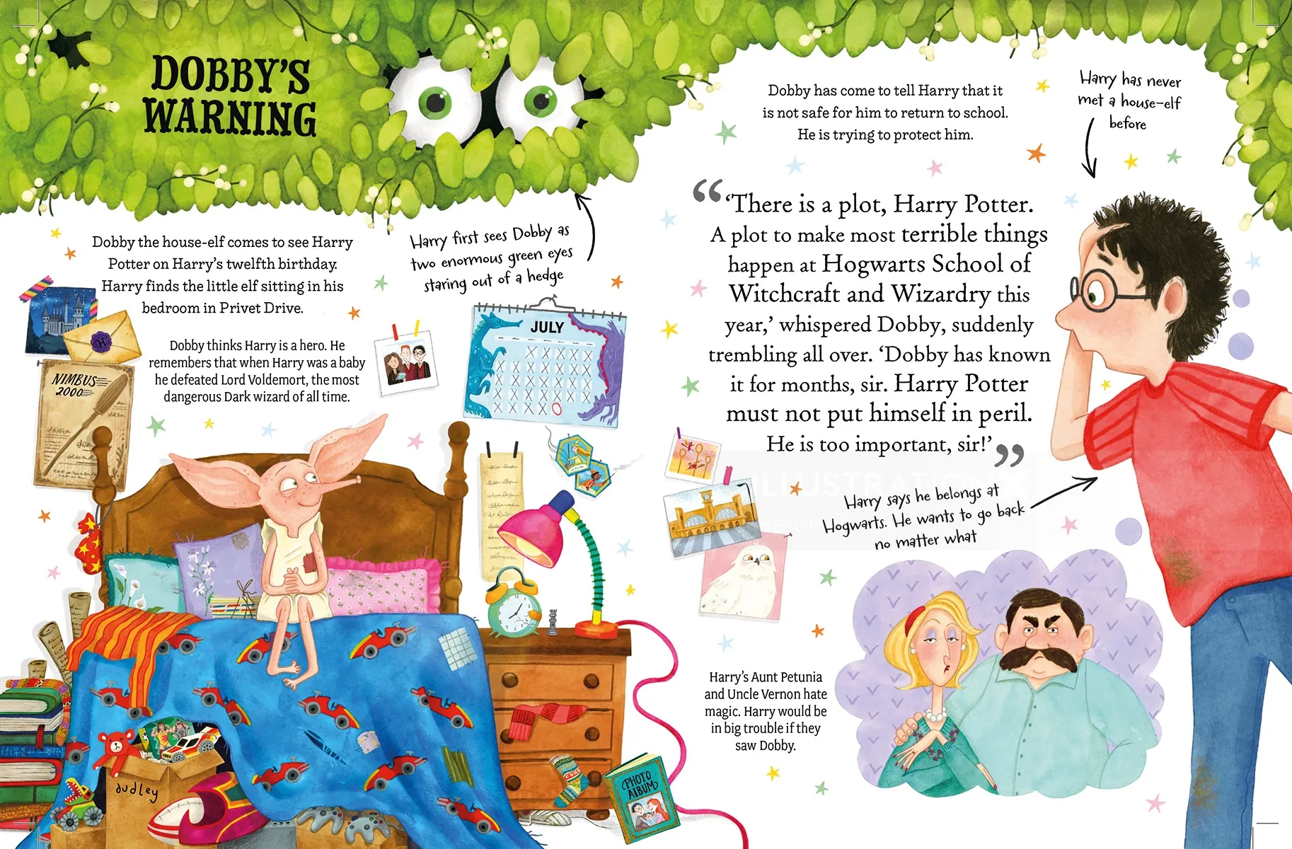 Ilustración del Helen Brady de Harry Potter leyendo la advertencia de Dobby en una habitación colorida.