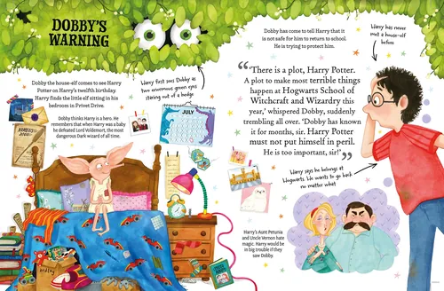 Ilustración del Helen Brady de Harry Potter leyendo la advertencia de Dobby en una habitación colorida.