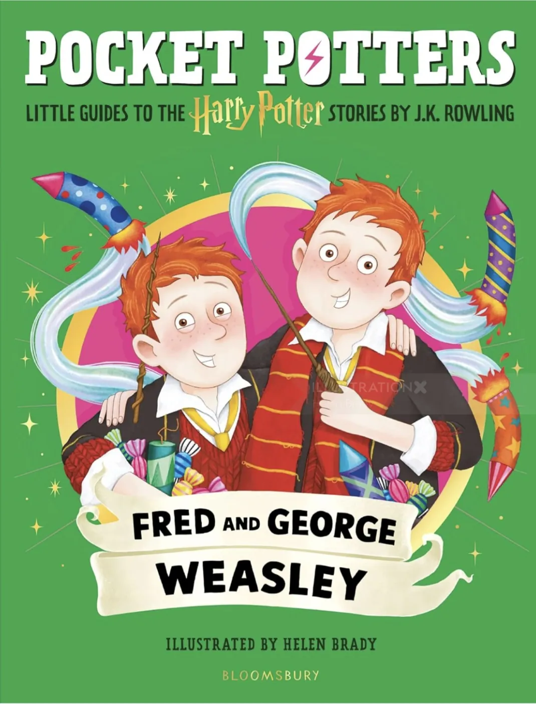 Ilustración de Fred y George Weasley en la portada de un libro (TERM364).