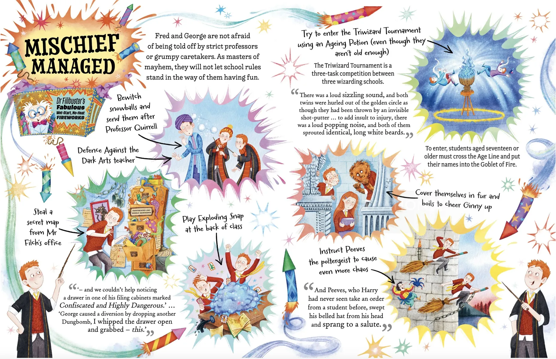 Página ilustrada del libro "Mischief Managed" de Helen Brady con personajes mágicos.