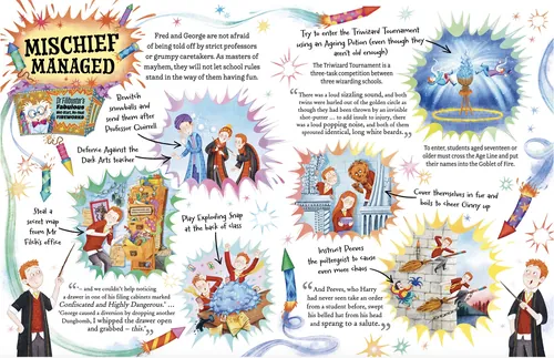 Página ilustrada del libro "Mischief Managed" de Helen Brady con personajes mágicos.