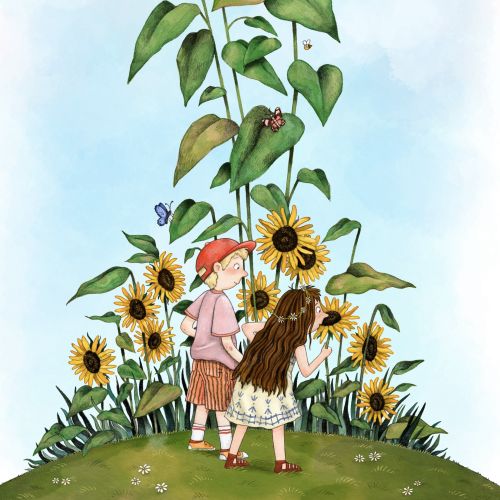 Helen Brady illustration of children standing among tall sunflowers