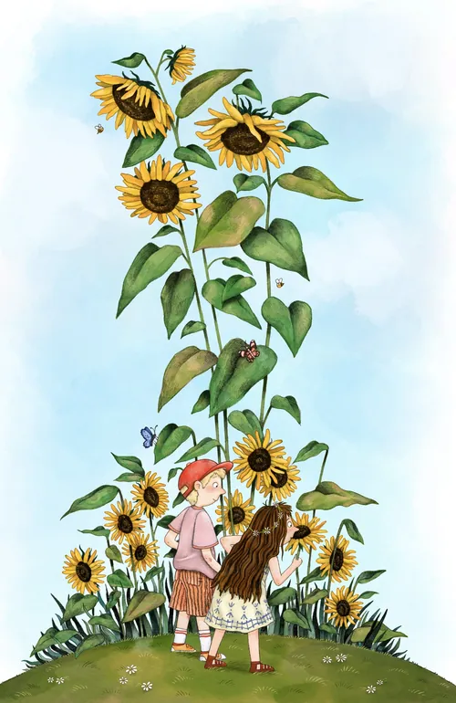 Helen Brady illustration of children standing among tall sunflowers