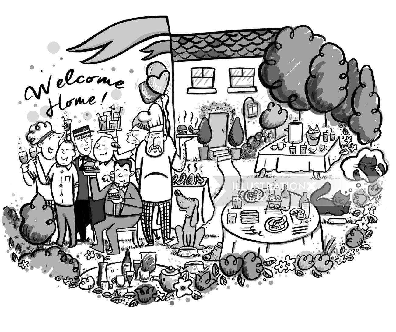 Welcome home black and white illustration 