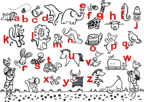 Line illustration of alphabet animals