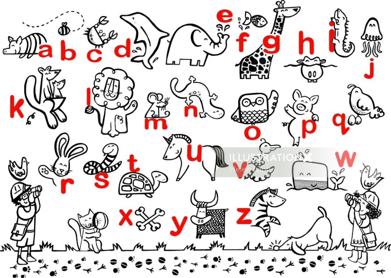 Line illustration of alphabet animals