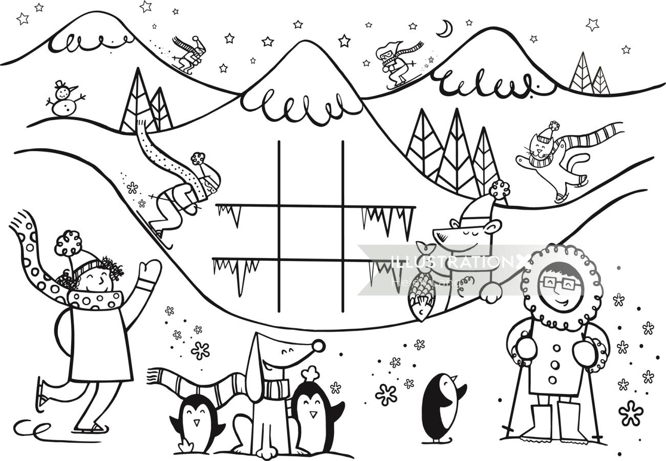 Line illustration of kids playing in snow