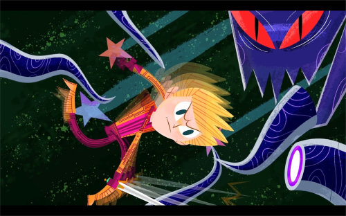 An illustration of kid fighting with monster