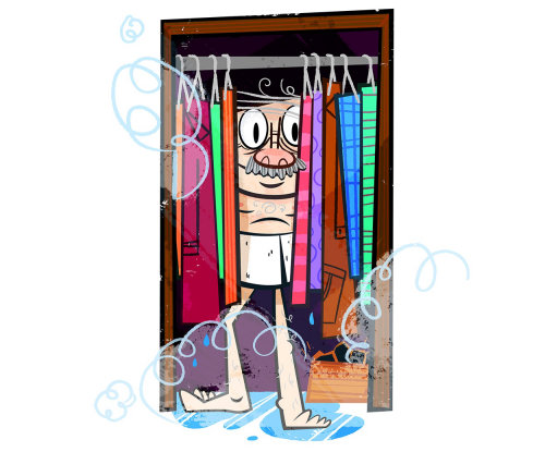 Comic art of old man behind clothes rack