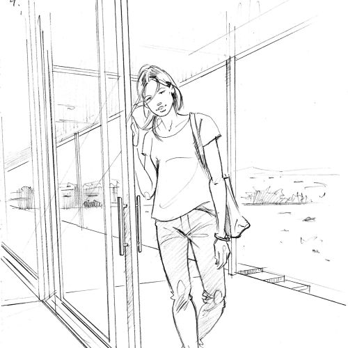 Line art of girl standing outside door 