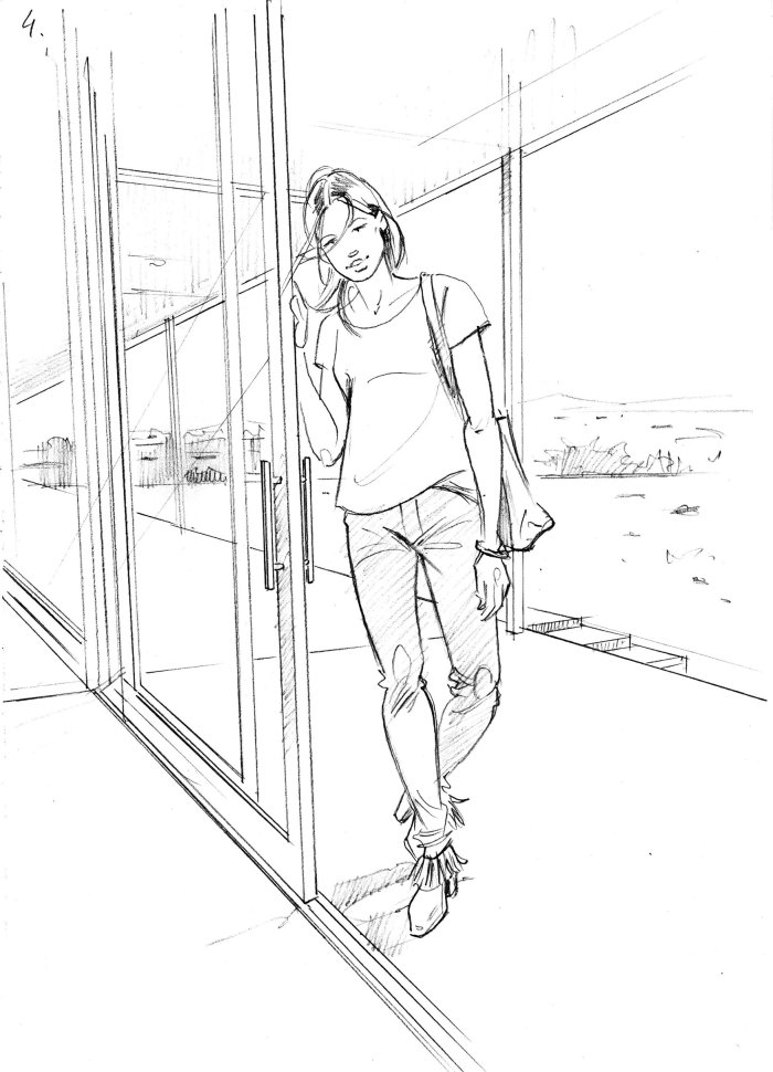 Line art of girl standing outside door 