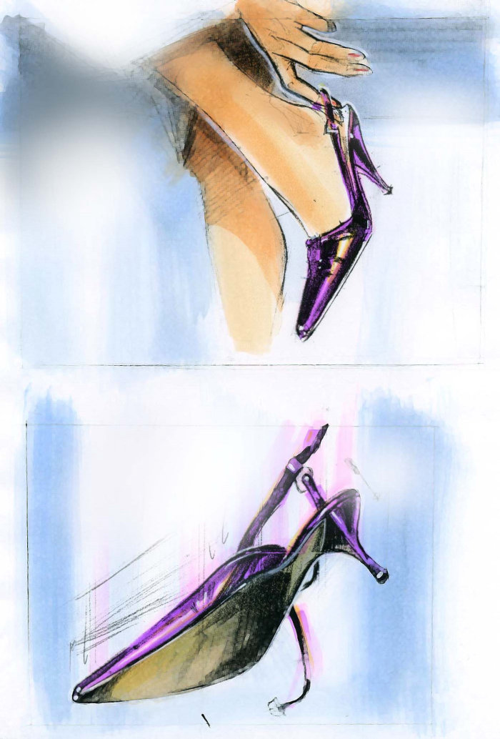 Watercolor painting of blue sandals heels