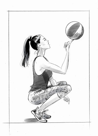 Arte en blanco y negro de una mujer jugando con una pelota.