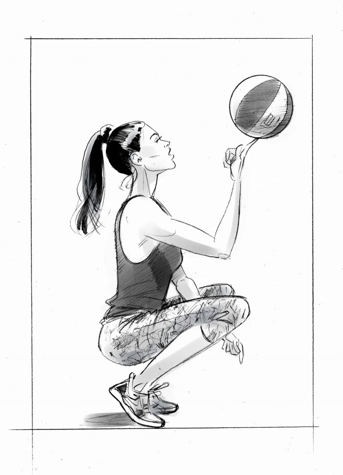 Black and white art of woman playing with ball