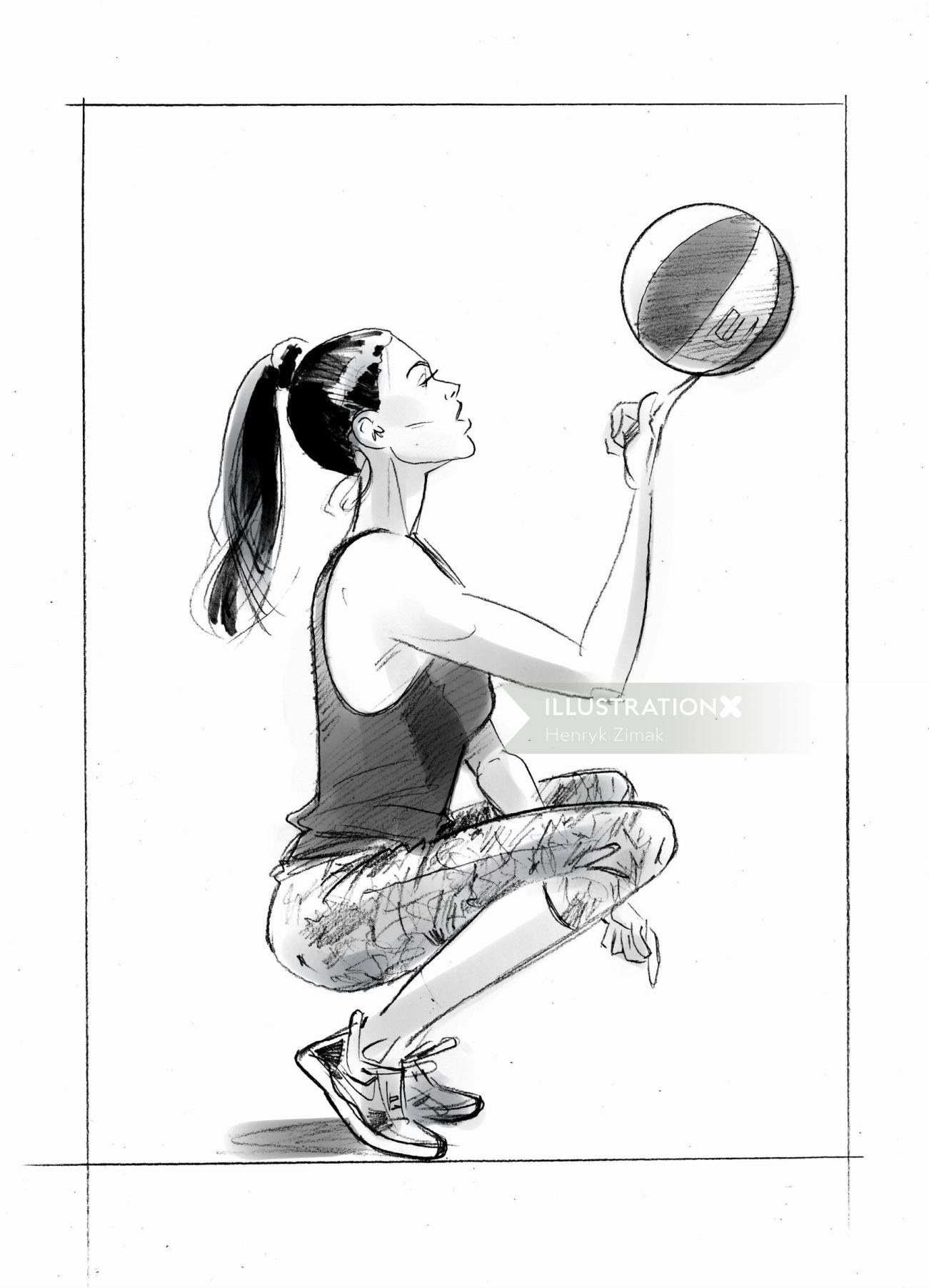 ボールで遊ぶ女性の白黒アート