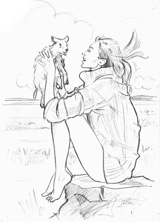 Arte lineal de niña con gato. 