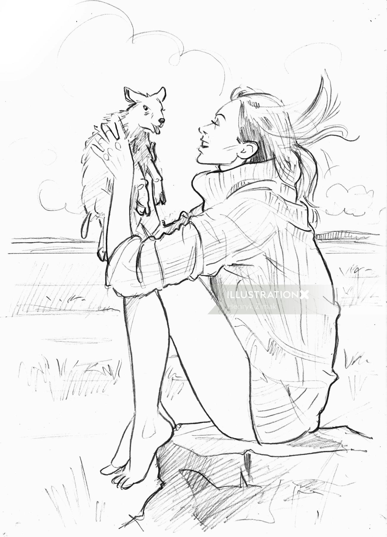 猫と女の子の線画