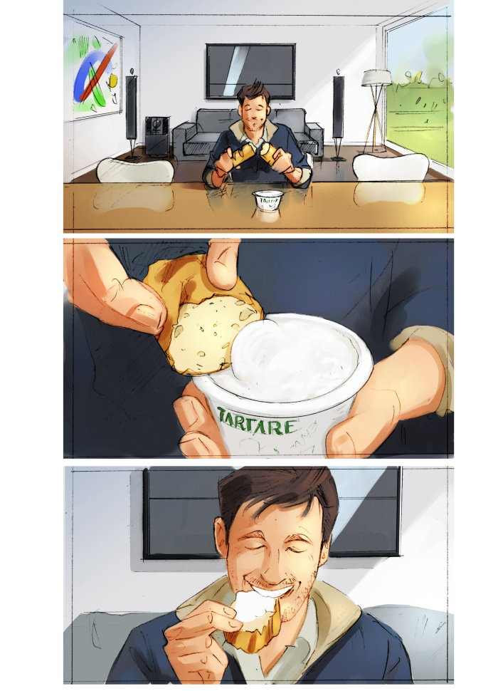 Storyboard illustration of cup of tea with bread
