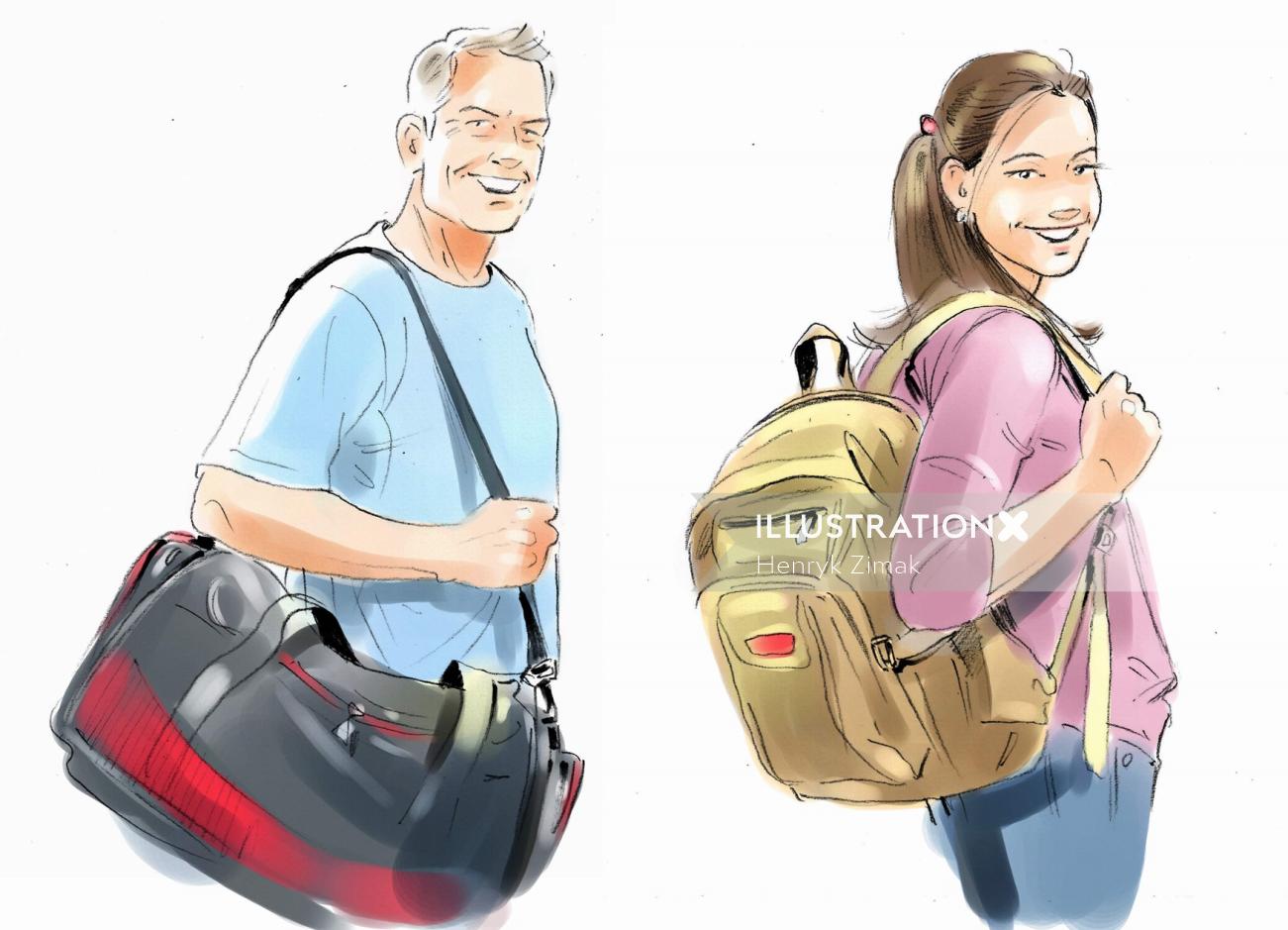 art of men and girl holding bag