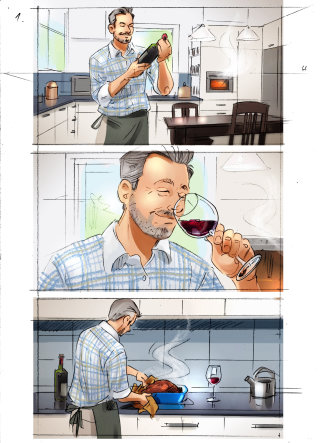 Ilustração de storyboard de uma taça de vinho rosé no jantar 