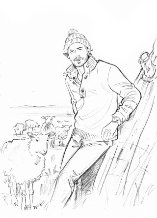 羊を連れた男性の線画
