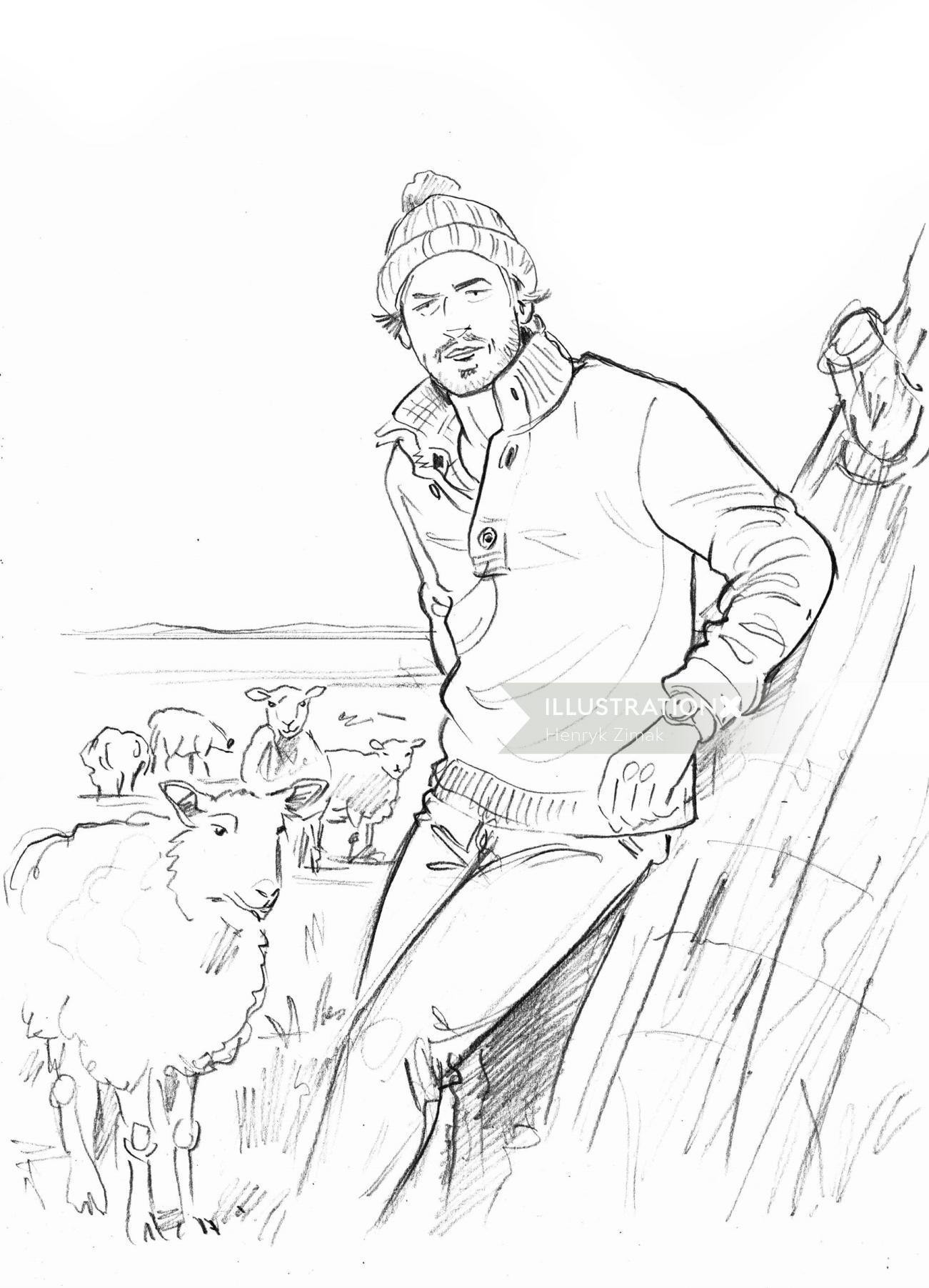 Line art of man with sheep
