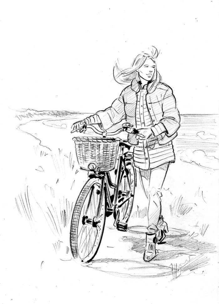 Black and white art of girl cycling