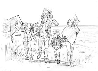 家族の散歩のスケッチアート 