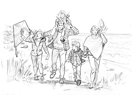Sketch art of family walking 
