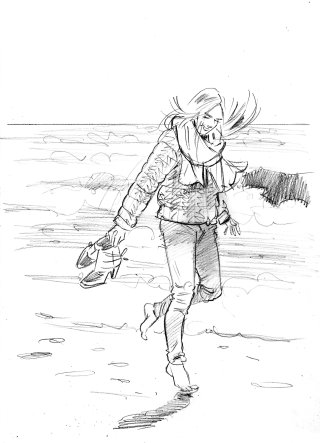 Dibujo a lápiz de una niña caminando por la playa