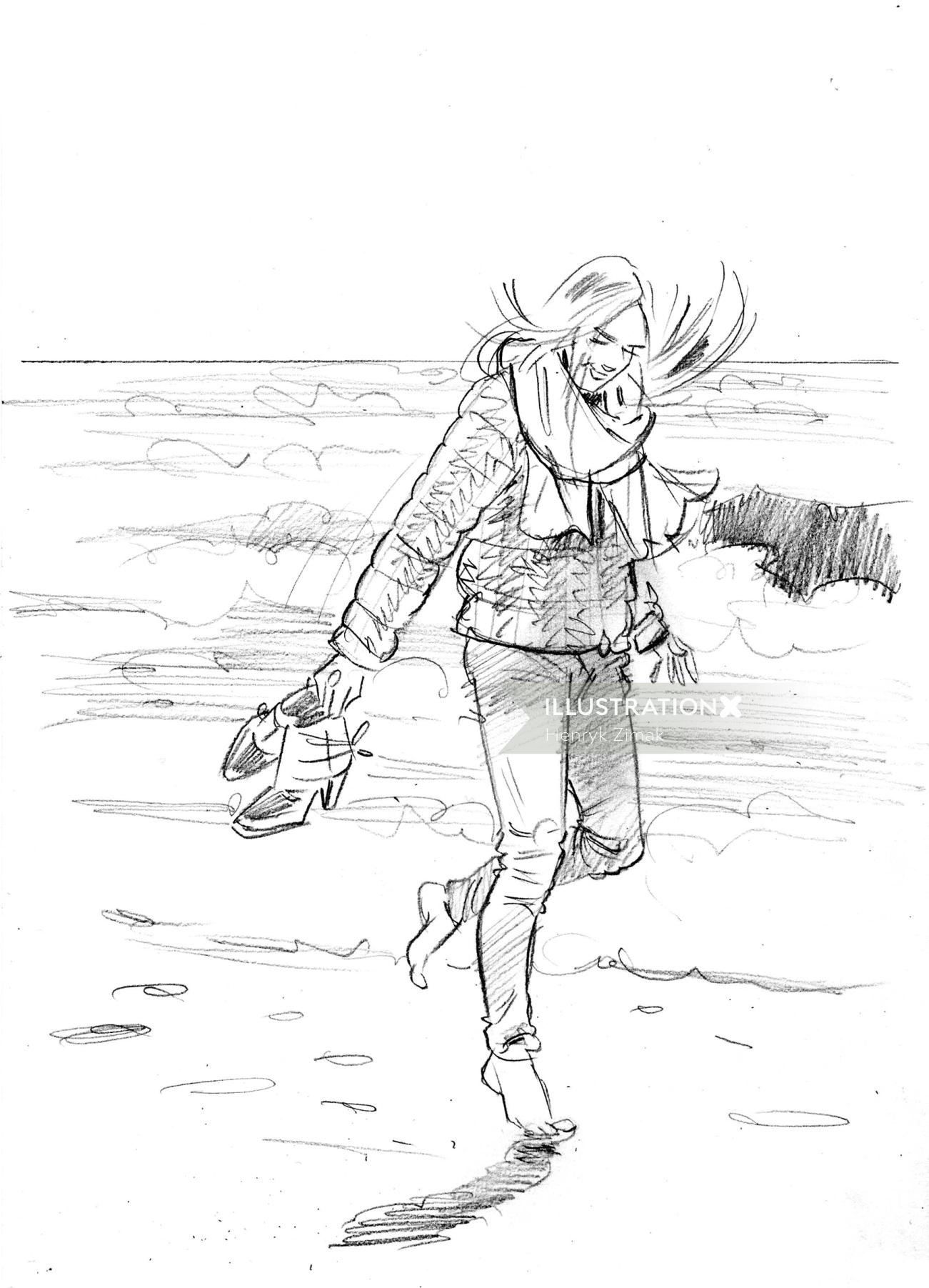 ビーチを歩く女の子の鉛筆画