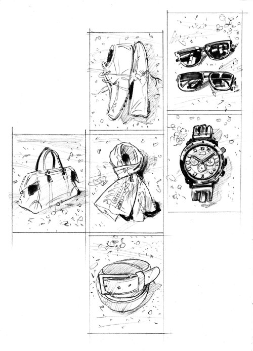 Black and white drawing of fashion accessories