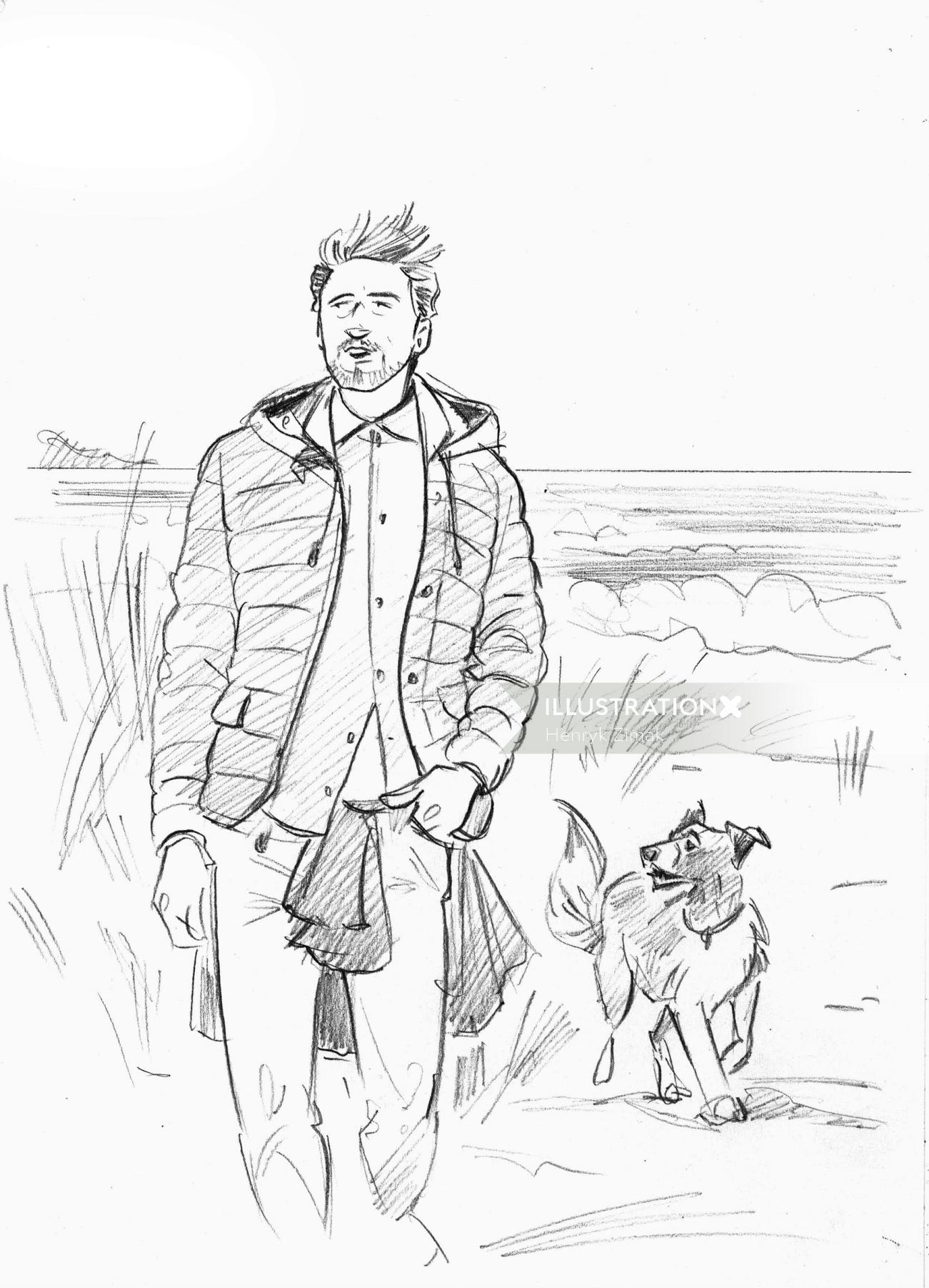 Paper drawing of man with dog 