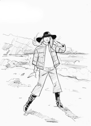 Paper drawing of lady cowboy outfit