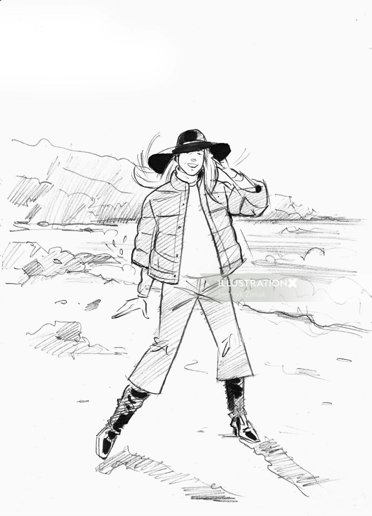 Paper drawing of lady cowboy outfit