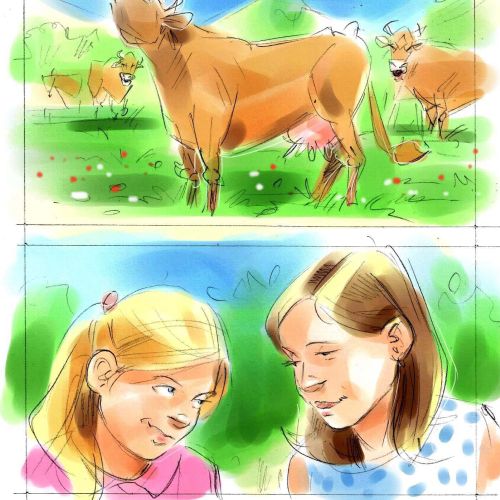 Abstract illustration of Animal Cow and young girls 