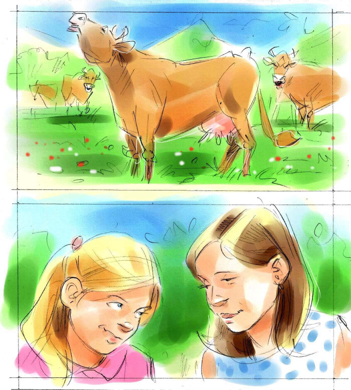 Abstract illustration of Animal Cow and young girls 