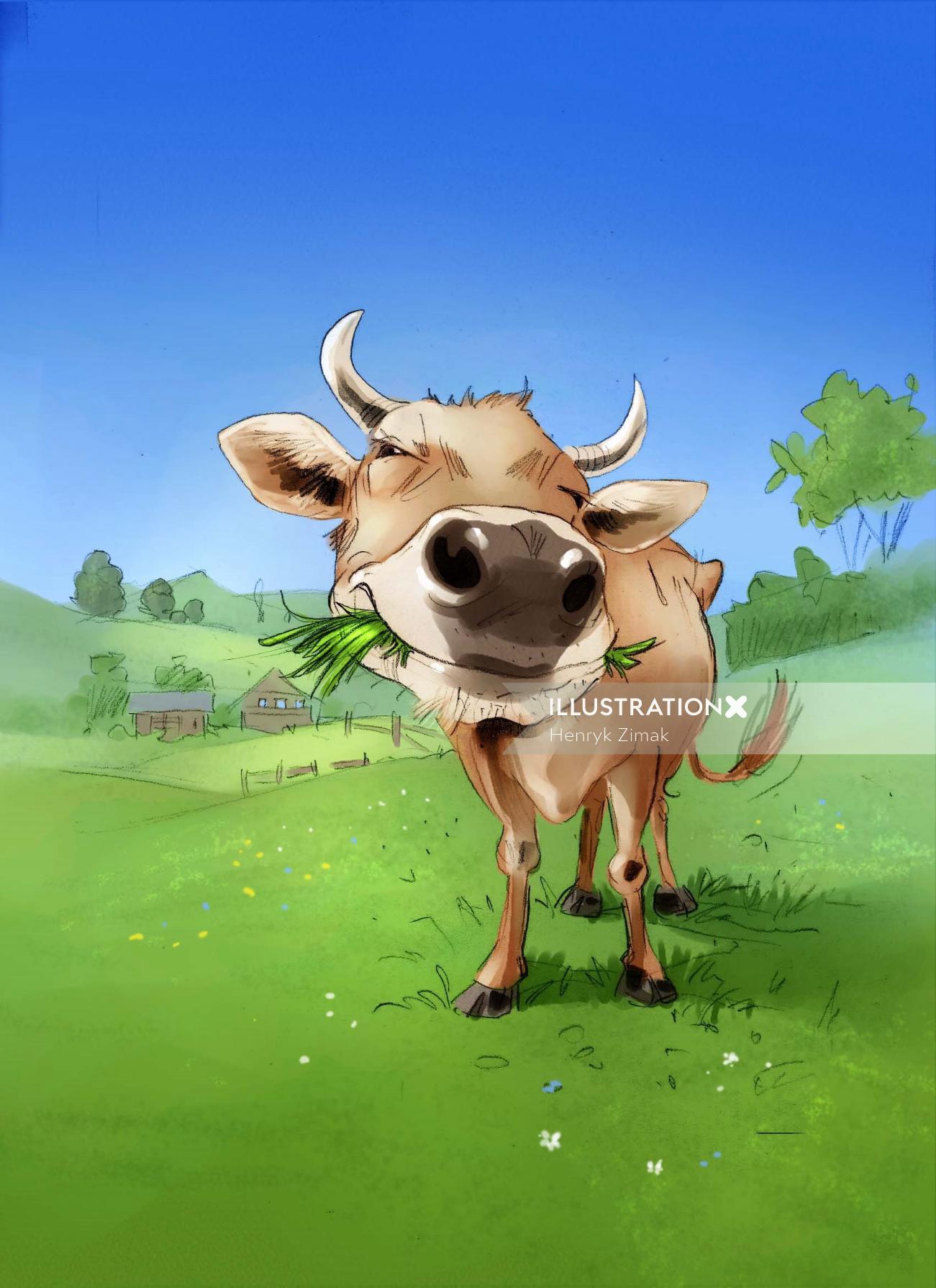 Nature illustration of cow eating gross 
