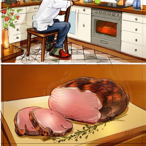 Storyboard illustration of cutting chicken 