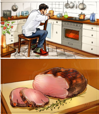 Illustration du storyboard de la découpe du poulet 