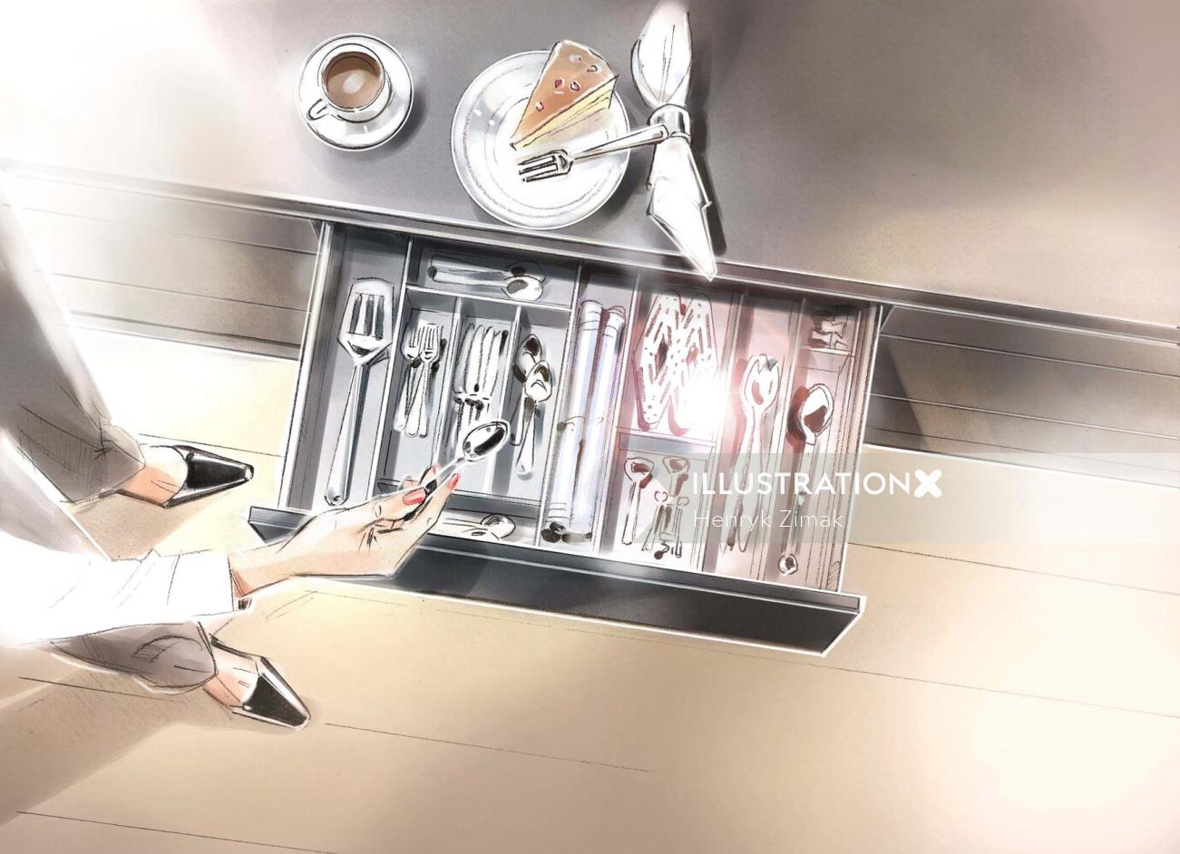 Digital painting of spoon arranging on kitchen 